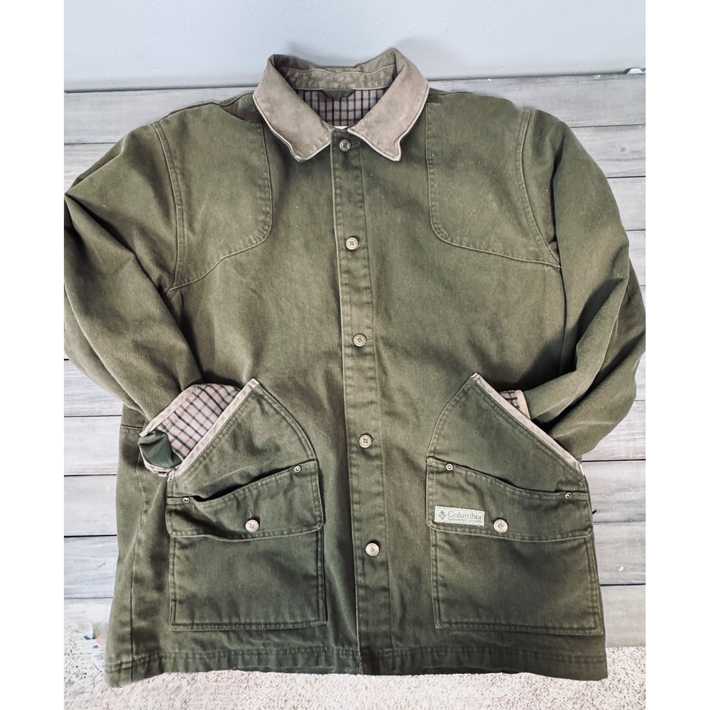 Vintage Columbia River Lodge Barn Chore Jacket Olive Green Flannel Lined Large - Picture 15 of 15
